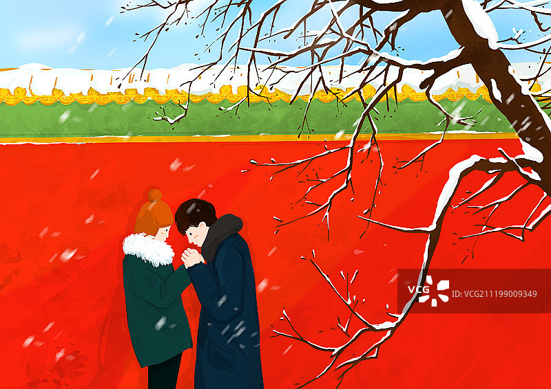 情侣大寒天站在北京故宫红墙下图片素材