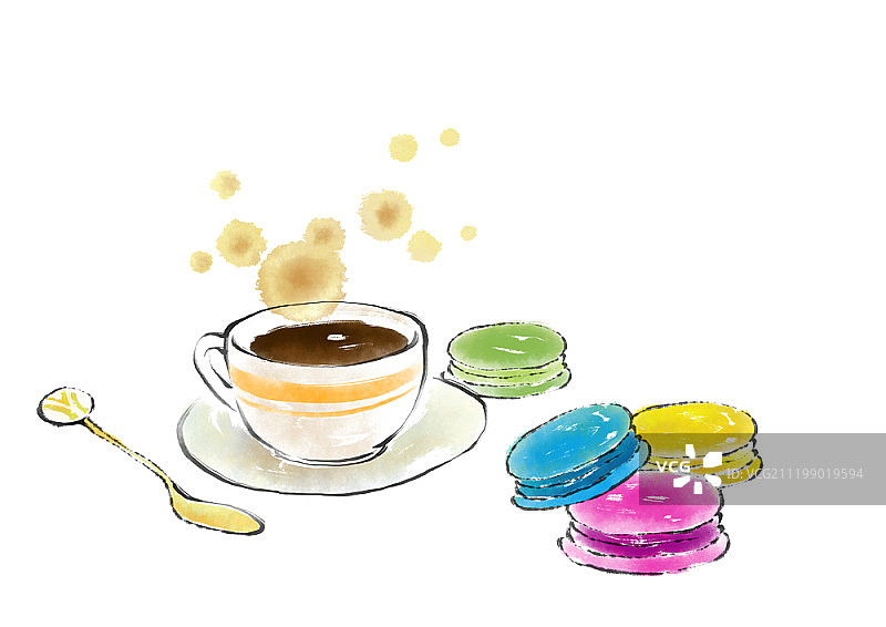 咖啡和马卡龙水彩画图片素材