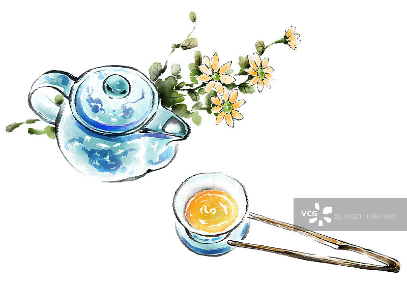 茶道主题水彩插画图片素材