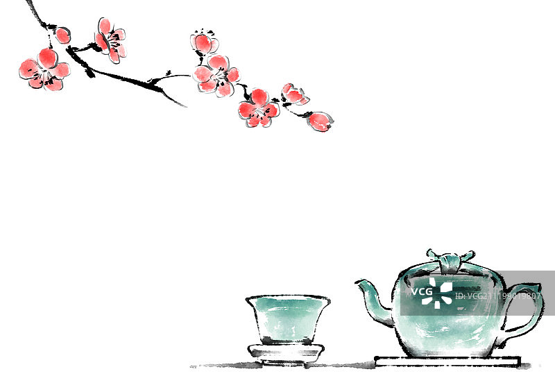 茶道主题水彩插画图片素材