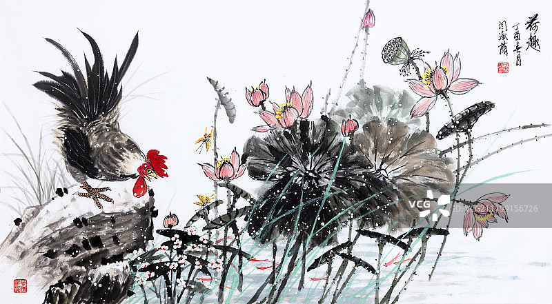 中国绘画——荷塘与公鸡图片素材