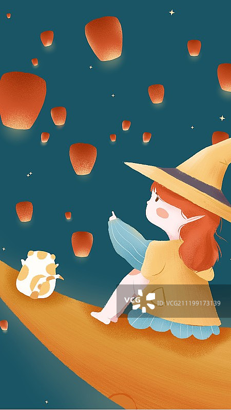 晚安月亮上看孔明灯图片素材