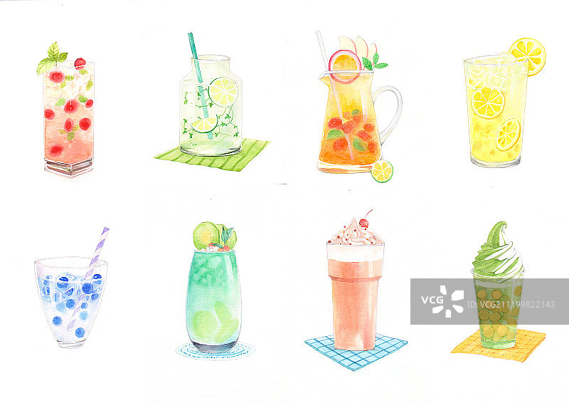 清凉夏日饮料水彩手绘插画图片素材