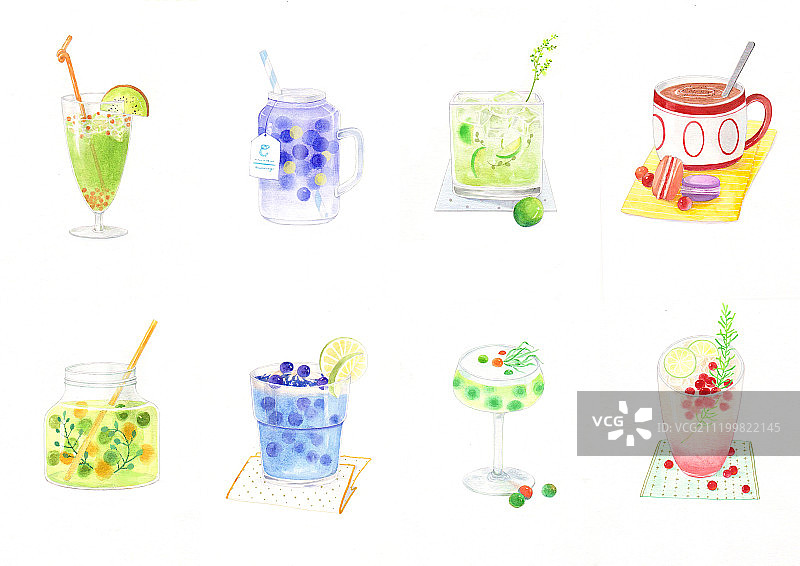 清凉夏日饮料水彩手绘插画图片素材