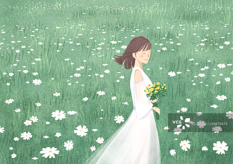 女孩短发侧面手捧花春夏雏菊裙子草地小清新插画图片素材