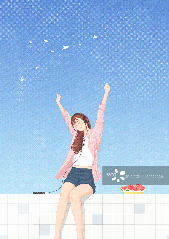 夏天女孩天空飞鸟西瓜听歌坐伸懒腰天台开心小清新插画图片素材