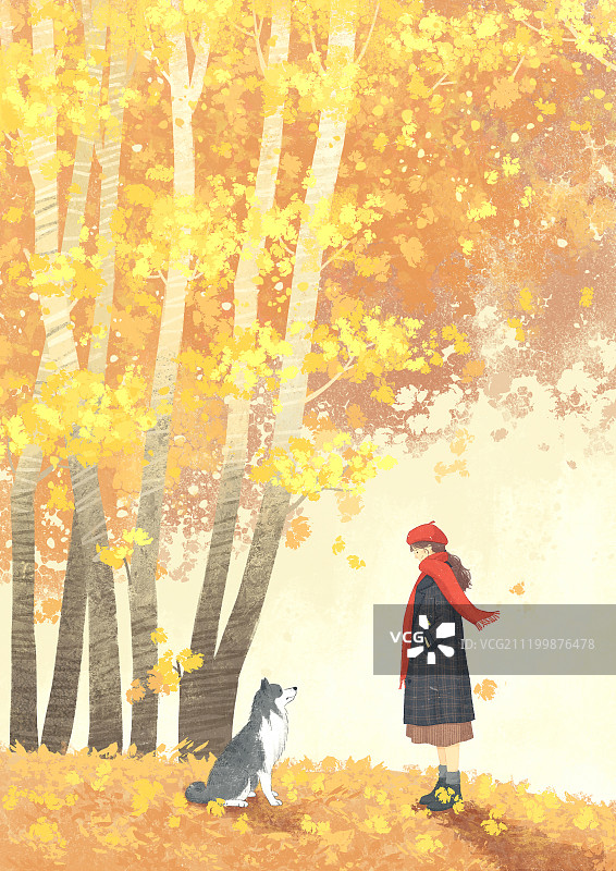 秋天女孩狗阿拉斯加大衣落叶金黄梧桐树小清新插画图片素材