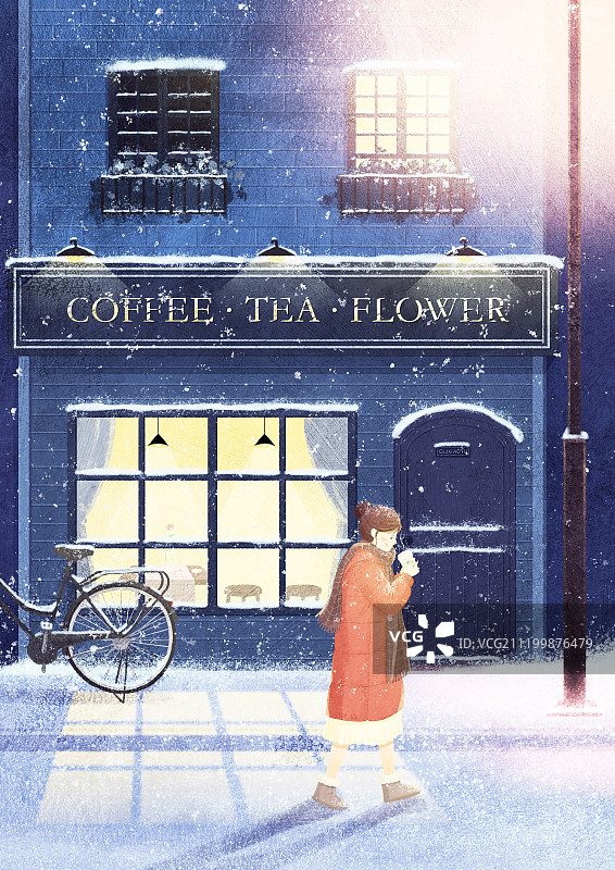 冬天咖啡店女孩喝奶茶街头晚上路灯下雪寒冷棉袄小清新插画图片素材