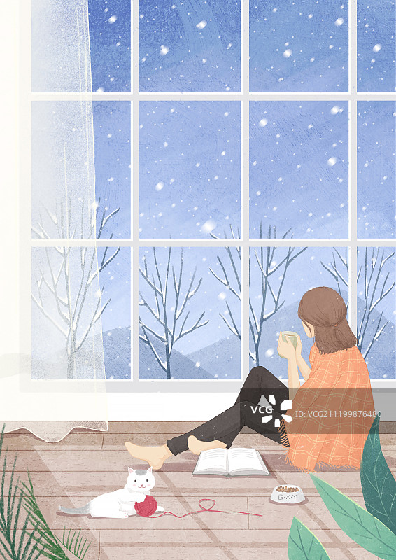 冬天下雪室内喝茶看雪窗户外女孩图片素材