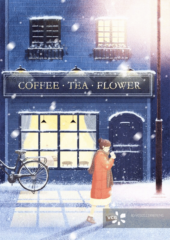 冬天咖啡店女孩喝奶茶街头晚上路灯下雪寒冷动图gif小清新插画图片素材