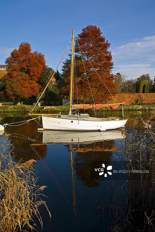 停泊在河流上的游艇：英国多塞特郡弗罗姆河秋景图片素材
