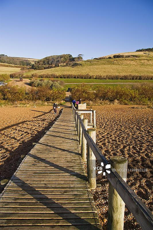 通往停车场的木板路，阿伯茨伯里，多塞特，英国，欧洲图片素材