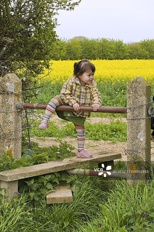 孩子在路障上攀爬，背景是油菜作物图片素材