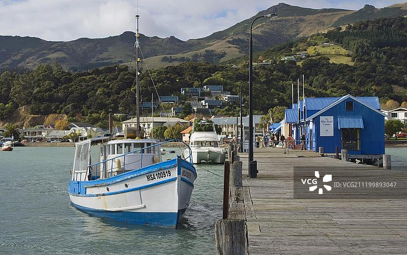 停泊在码头的渔船，阿卡罗瓦港，班克斯半岛，南岛，新西兰图片素材