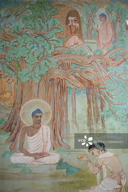 印度萨尔纳特墙绘：牧女苏嘉达供养佛陀图片素材