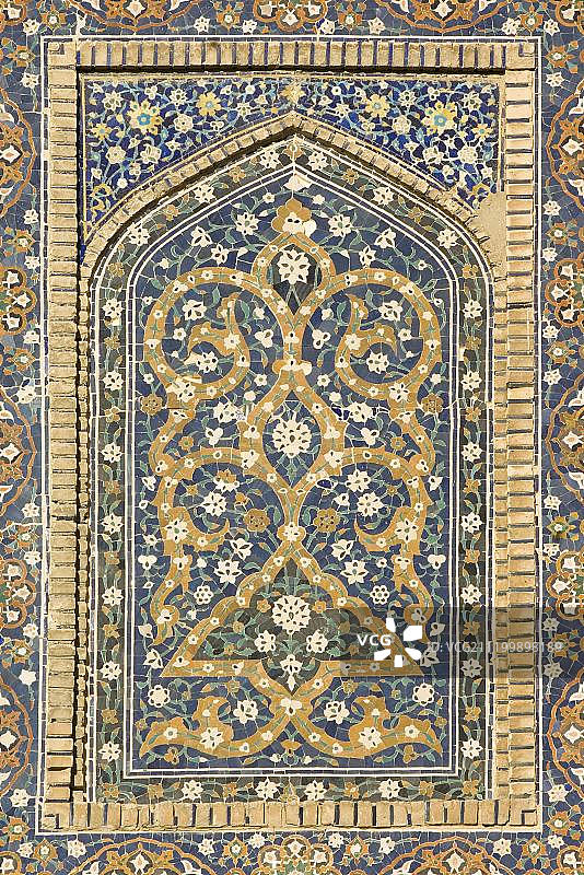 乌兹别克斯坦布哈拉，米里-阿拉伯伊斯兰学校，联合国教科文组织世界遗产，外墙马赛克图片素材