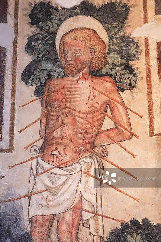 圣塞巴斯蒂安壁画，意大利皮埃蒙特巴罗洛教堂图片素材