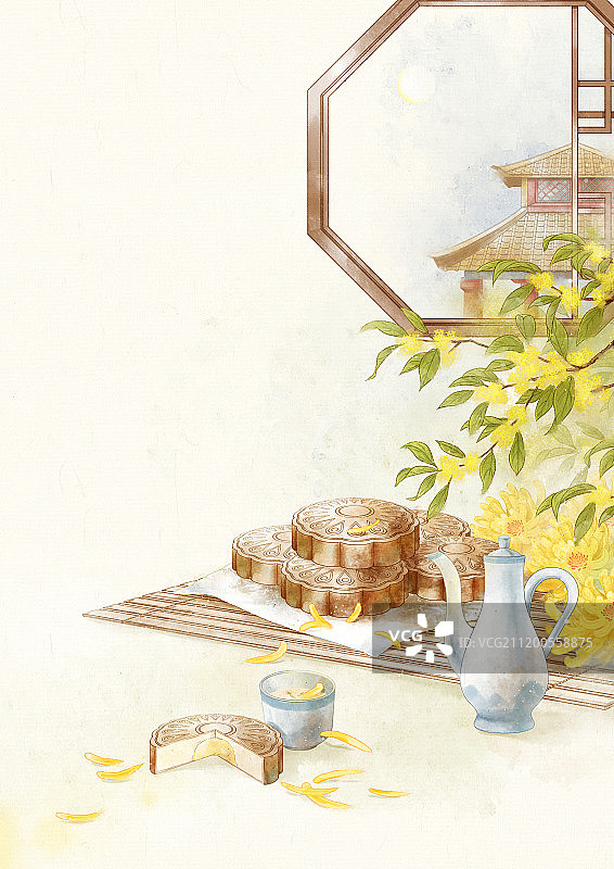 水彩中国风水墨中秋节习俗月饼插画图片素材