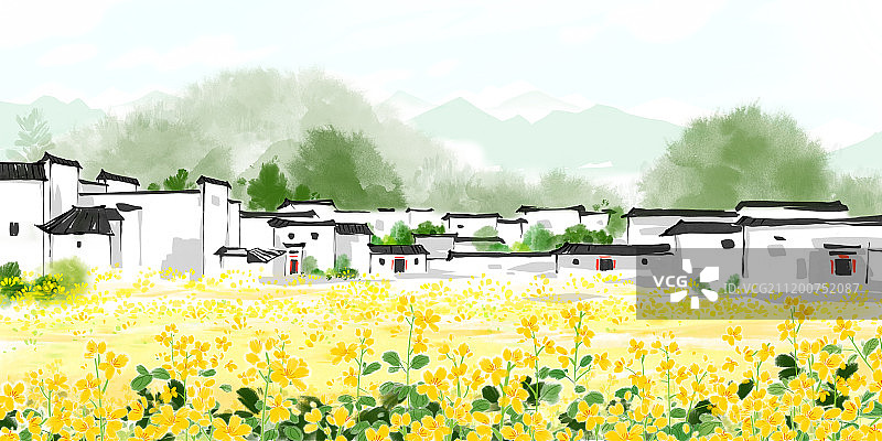 古典水墨画24节气春分江南的油菜花田图片素材