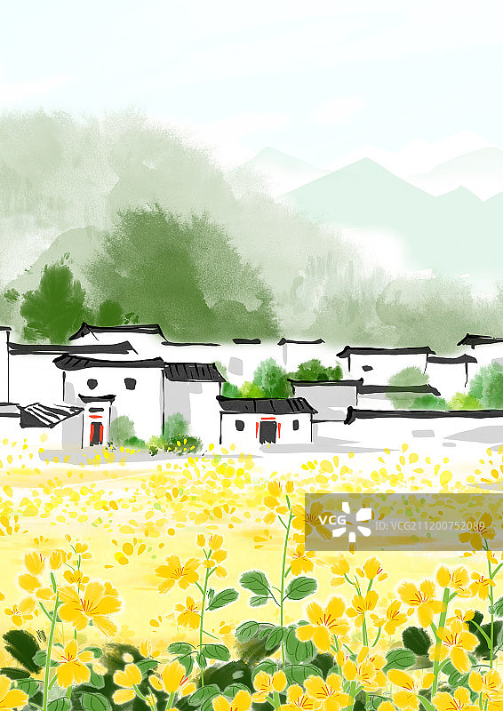 古典水墨画24节气春分江南的油菜花田图片素材