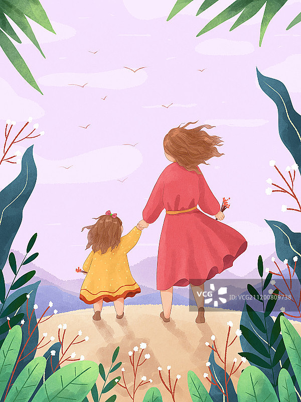 母亲节插画一起走在阳光下2图片素材
