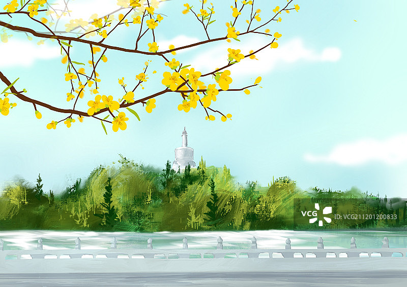 春天北京公园的白塔背景图片素材