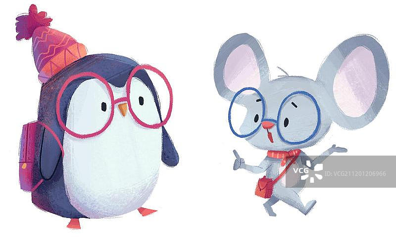 边走边交谈的企鹅和老鼠图片素材