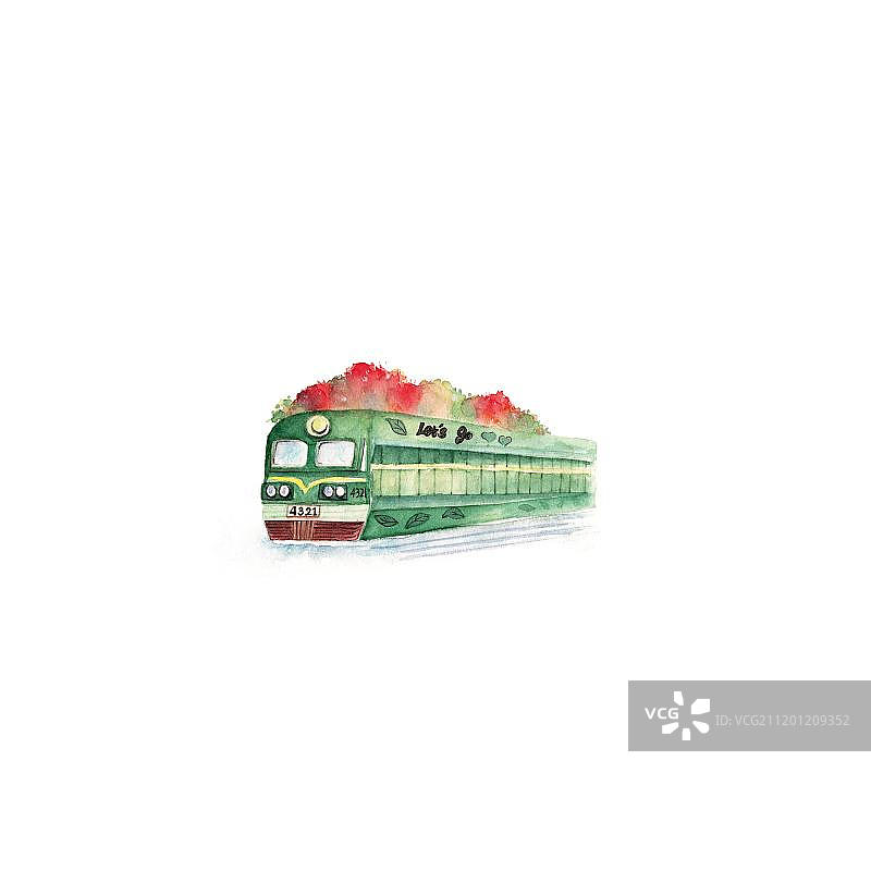 清新水彩手绘的旅途上的行驶火车图片素材