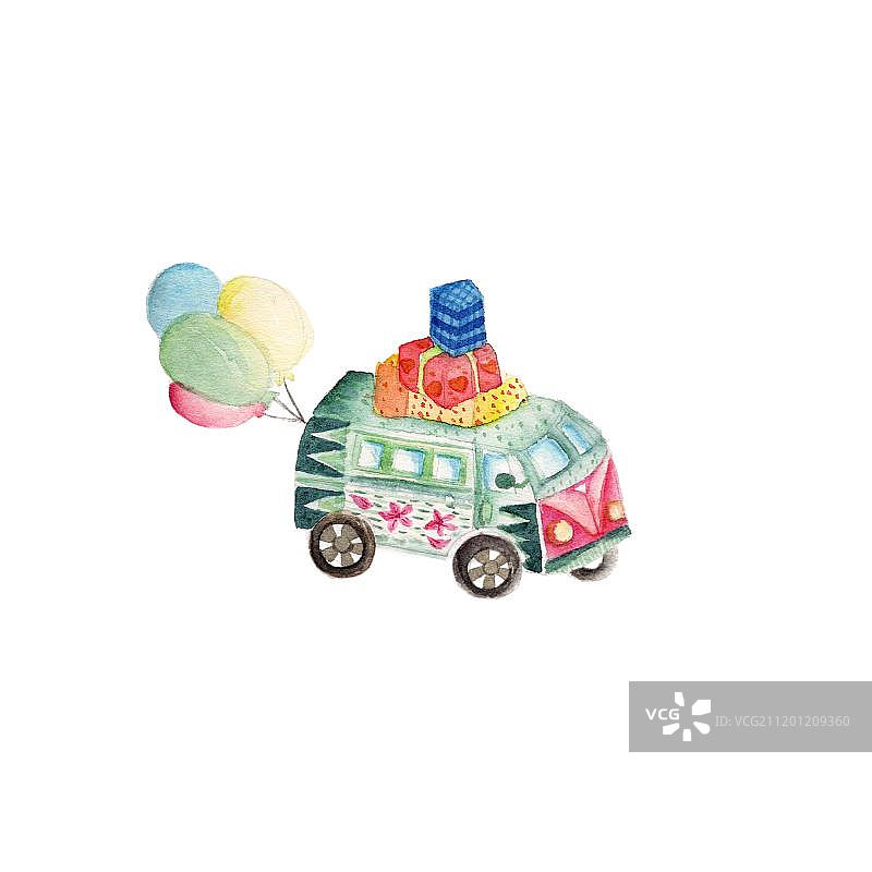 清新水彩手绘的彩色西瓜卡通面包车图片素材