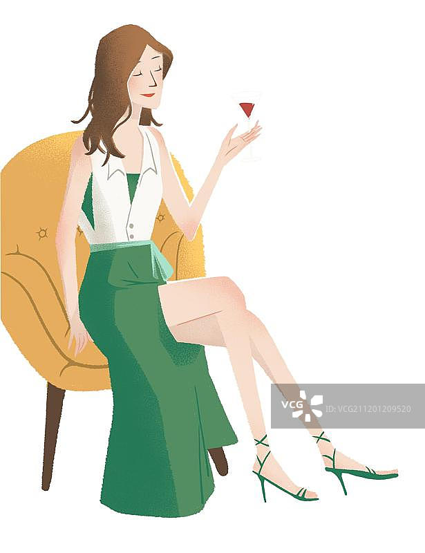 坐在黄色椅子上端红酒的女人图片素材