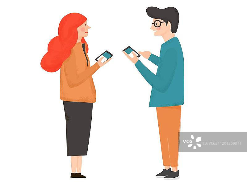 手绘七夕情人节情侣手机交流聊天插画人物图片素材