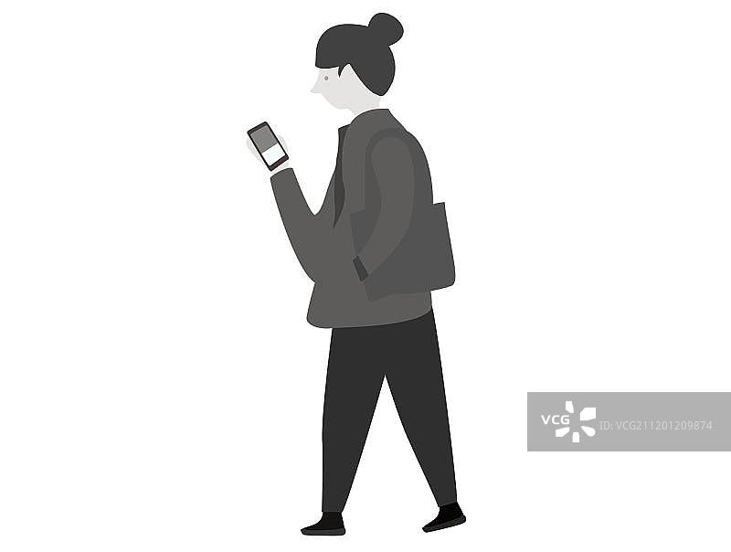 手绘文艺背包女生玩手机走路插画图片素材