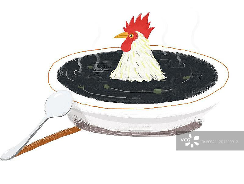 手绘碗里有鸡头的黑色鸡汤插画图片素材