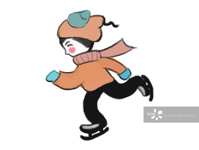 手绘中国风冬天穿溜冰鞋溜冰的 儿童卡通形象插画图片素材