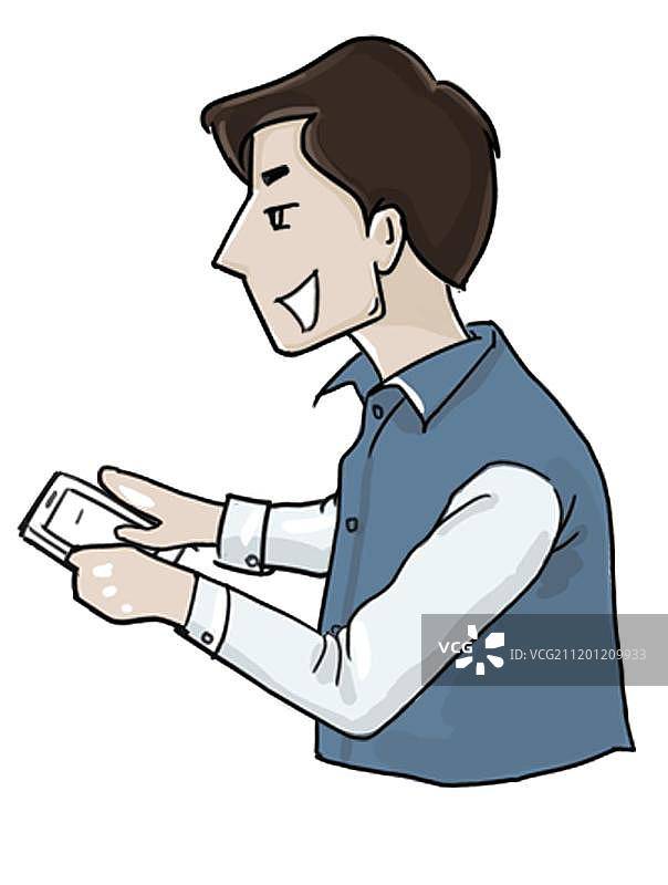手绘拿着手机聊天的男性卡通插画图片素材