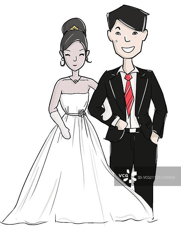 手绘新郎穿婚纱的新娘结婚插画图片素材