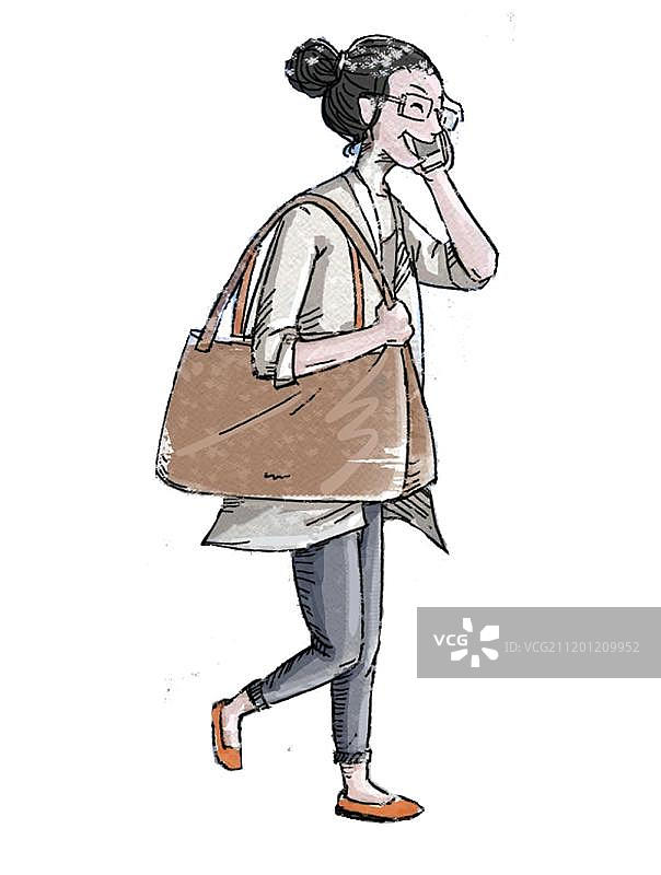 手绘打电话背包走路女孩插画图片素材