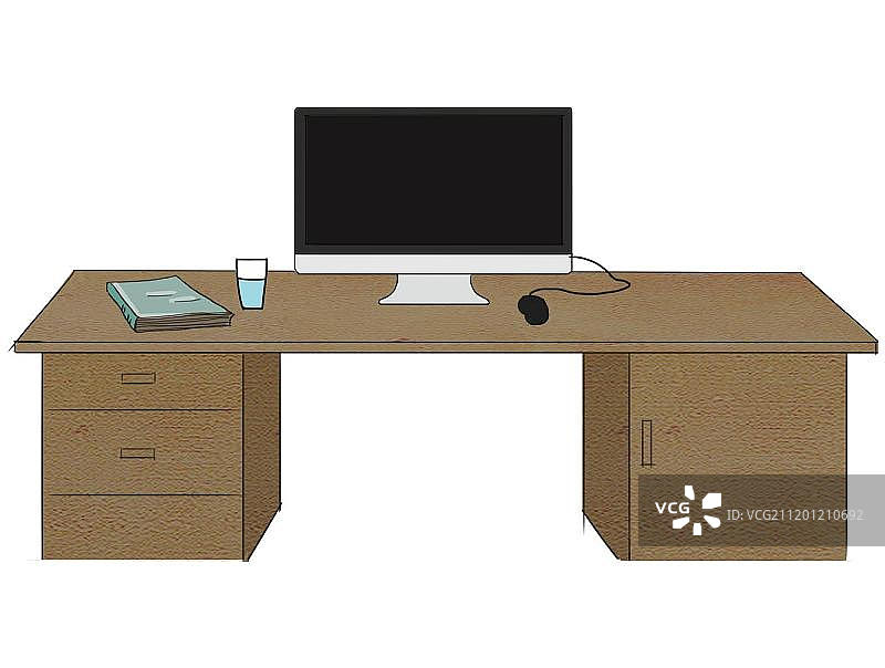 手绘带电脑的桌子卡通插画图片素材