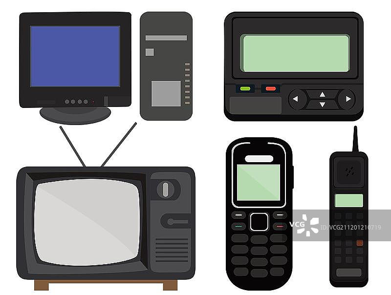 手绘台式机电视机诺基亚手机呼叫机复古卡通插画图片素材