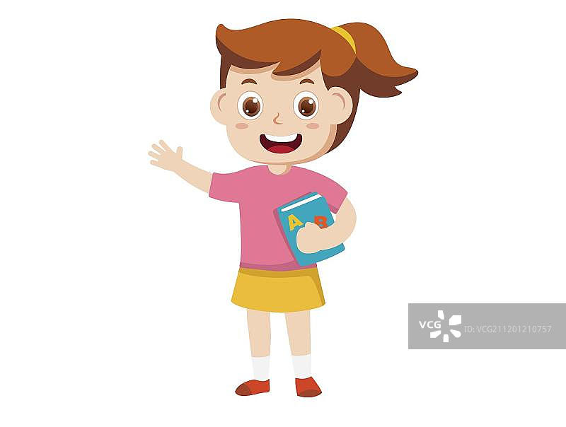手绘拿单词书扎马尾的女孩卡通矢量图片素材