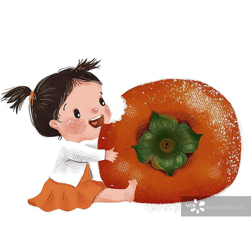 坐着吃柿子的女孩图片素材