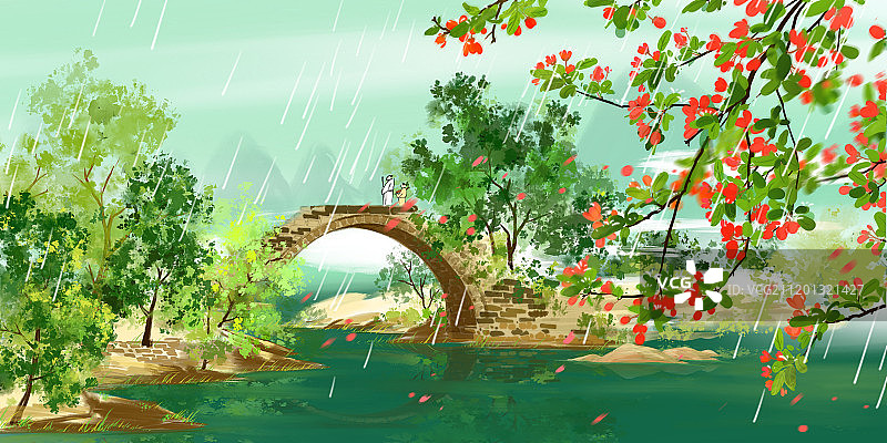 古典水墨画24节气谷雨碧水石桥海棠依旧图片素材