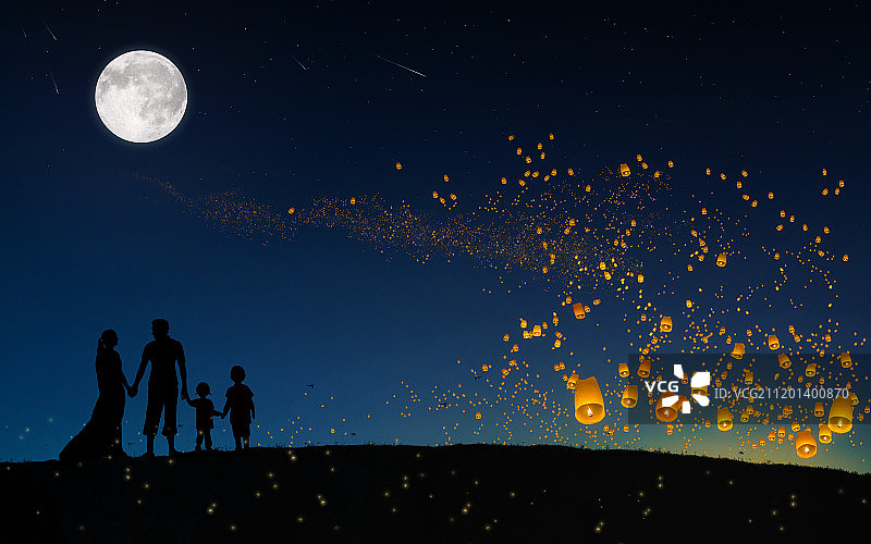 孔明灯圆月之作图片素材