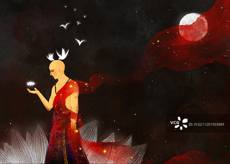 手捧莲花的僧人图片素材