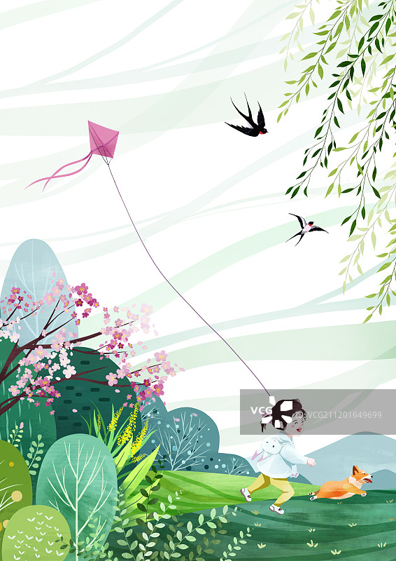 手绘清新扁平化春天踏青儿童放风筝图片素材