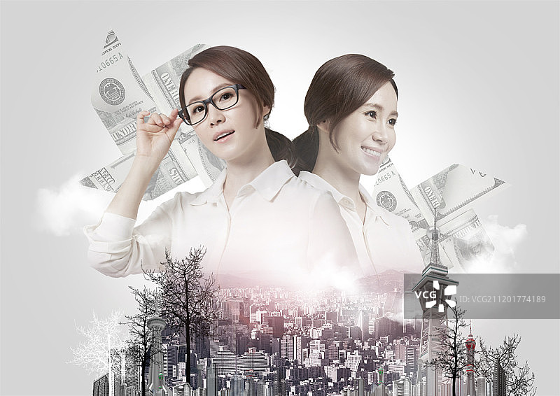 女商人与建筑双重曝光图片素材