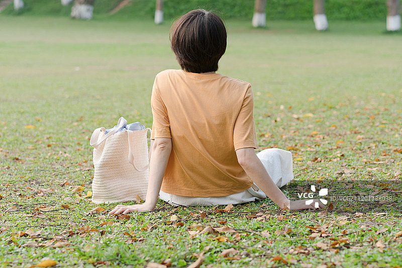 女生坐在草地上的背影图片素材