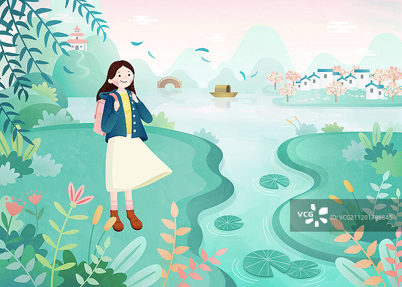 清明时节踏青郊游插画图片素材