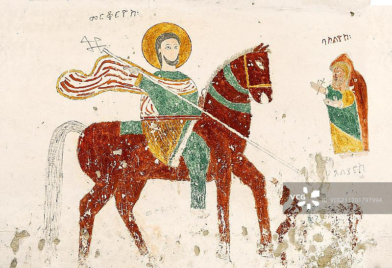 丹尼尔·科尔科尔岩石教堂内的圣墨丘利厄斯壁画，骑着深棕色马，位于埃塞俄比亚提格雷州格赫拉尔塔地区，非洲图片素材