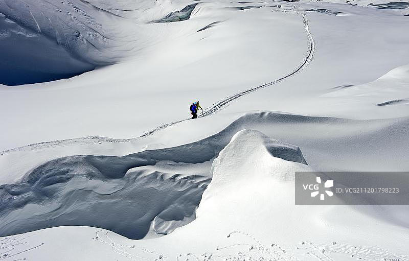 瑞士瓦莱州布拉atten朗格冰川上的滑雪登山者图片素材